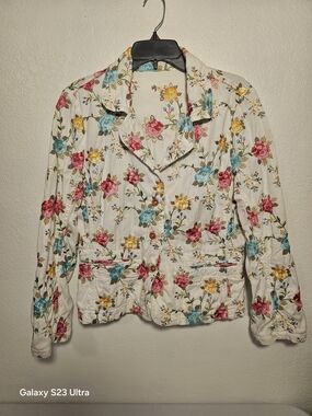Women's Ivory Embroidered Floral Button Collared Jacket Pockets Size L